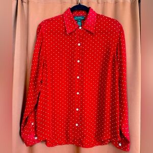 Lauren Ralph Lauren Women’s Size Medium Red Polka Dot 100% Silk Blouse
